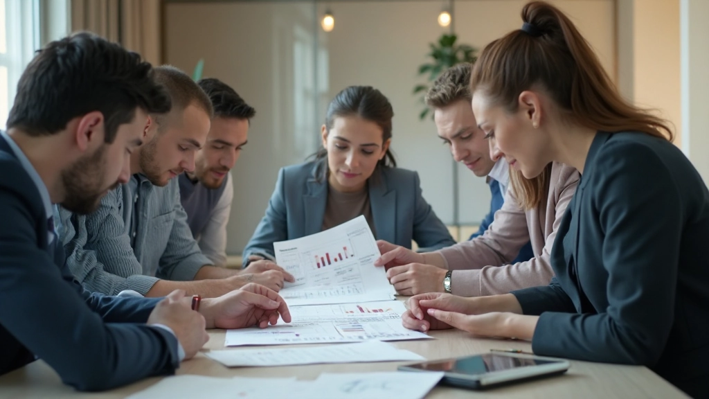 Команда финансовых специалистов обсуждает бюджет и финансовую стратегию в современном офисе