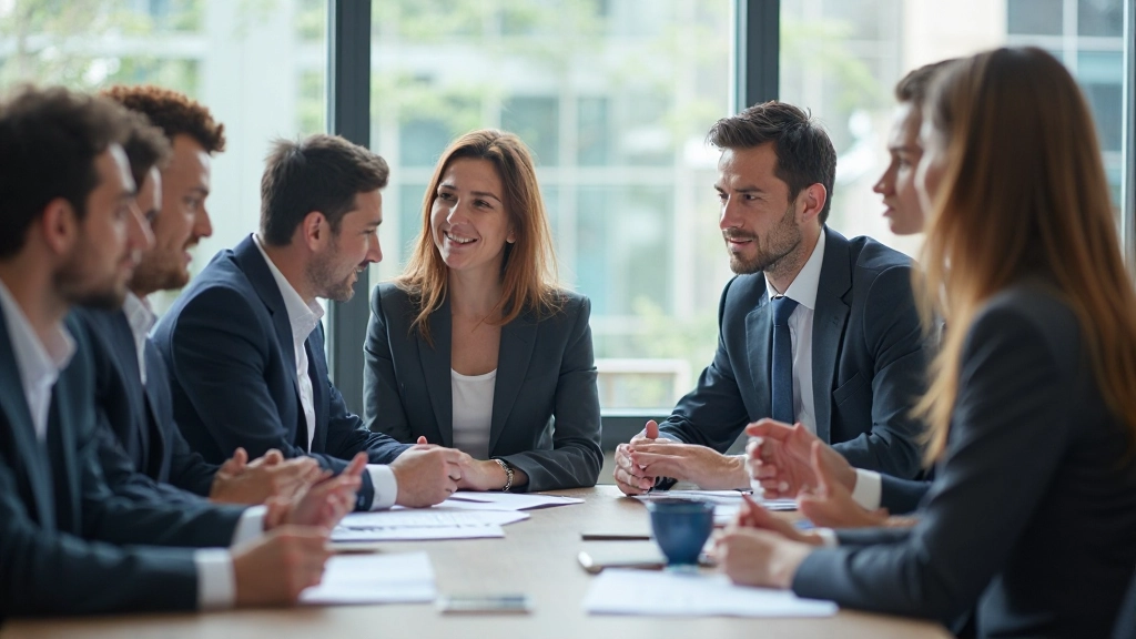 Коллеги обсуждают результаты программы обучения в конференц-зале с современным интерьером