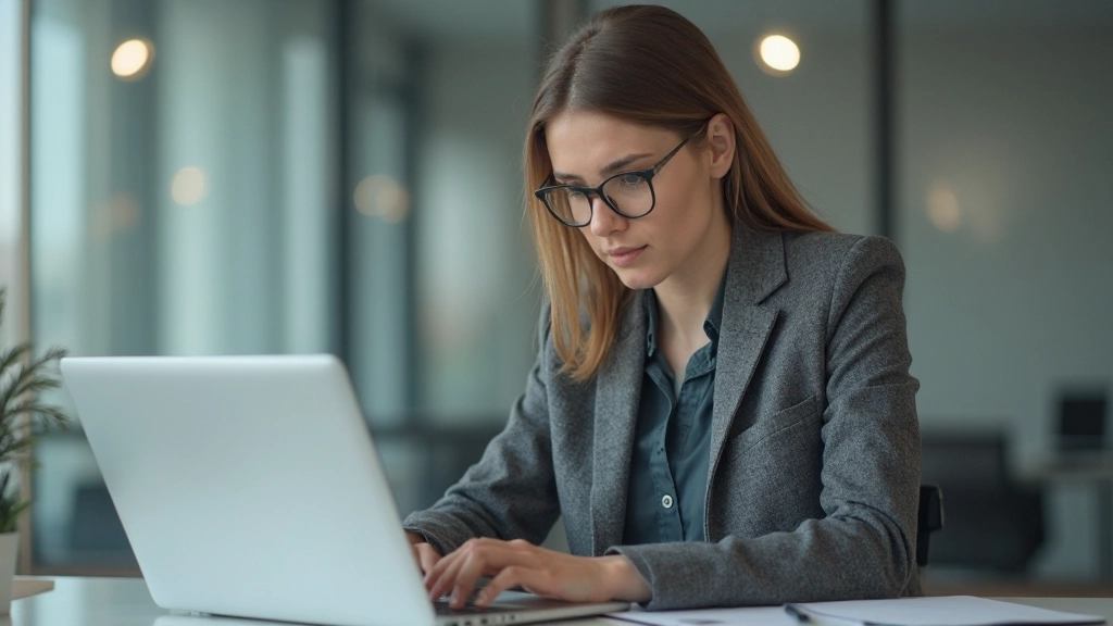 Консультант анализирует данные на ноутбуке в офисной среде