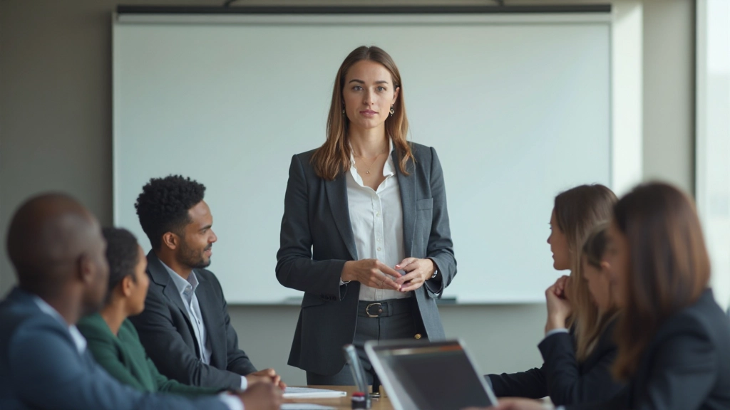 Руководитель проводит тренинг для команды менеджеров в учебном классе
