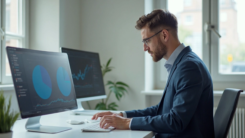 Молодой менеджер анализирует данные о производительности на рабочем столе