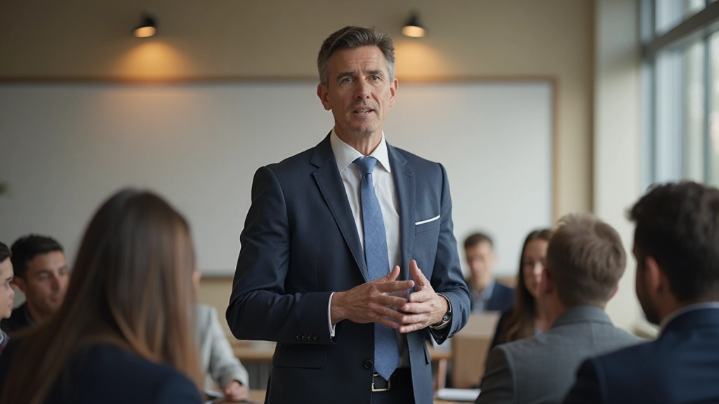 Тренер проводит практический семинар, объясняя навыки группе внимательных слушателей в учебной аудитории